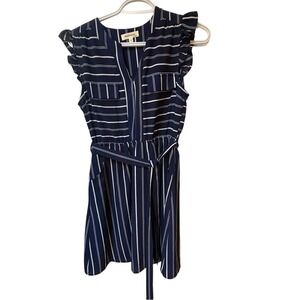 Monteau Navy Pinstripe Ruffle Sleeve Dress | preppy | workwear | minimalist |